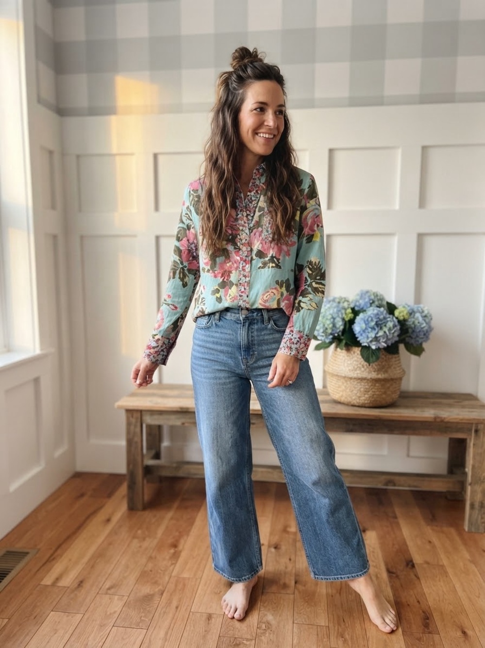 Soft Surroundings Mint Green Floral Button-Up Blouse with Pink Accents Small